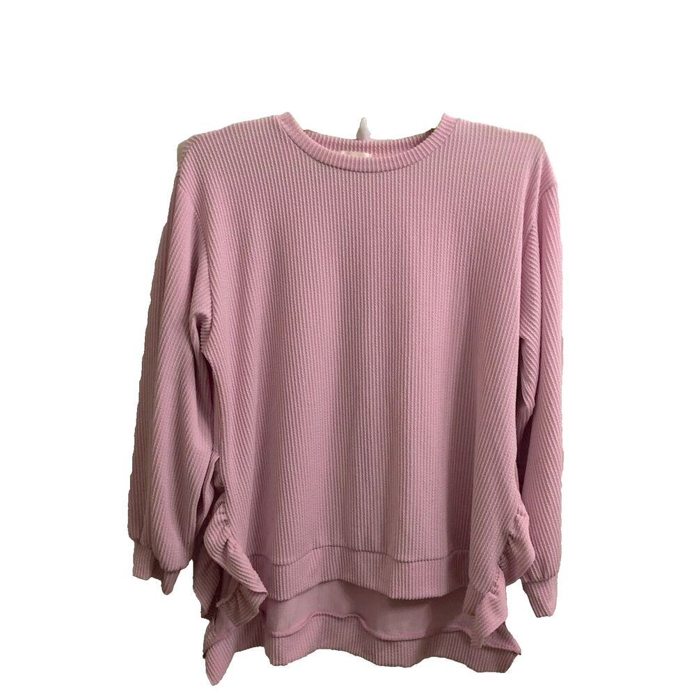 Bubble Gum Pink Hi Low Sweater Sz Med Oversized Bouncy Ribbed Knit Ruffles